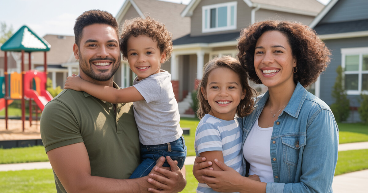 Happy family in suburban neighborhood