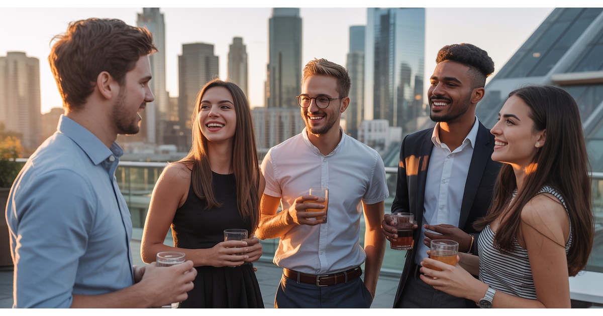 Young professionals networking in vibrant urban neighborhood